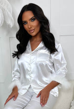 Glam Gift White Detachable Feather Cuff Silky Satin Button Up Trouser Pyjamas Limited Edition