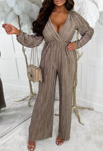 Give Me Glamour Gold Metallic Plisse Stretch Waist Long Sleeve Jumpsuit