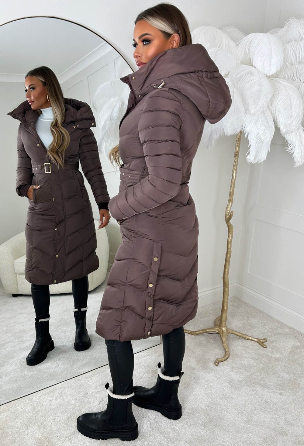 Urban Chic Brown Chevron Belted Hooded Fleece Lined Coat