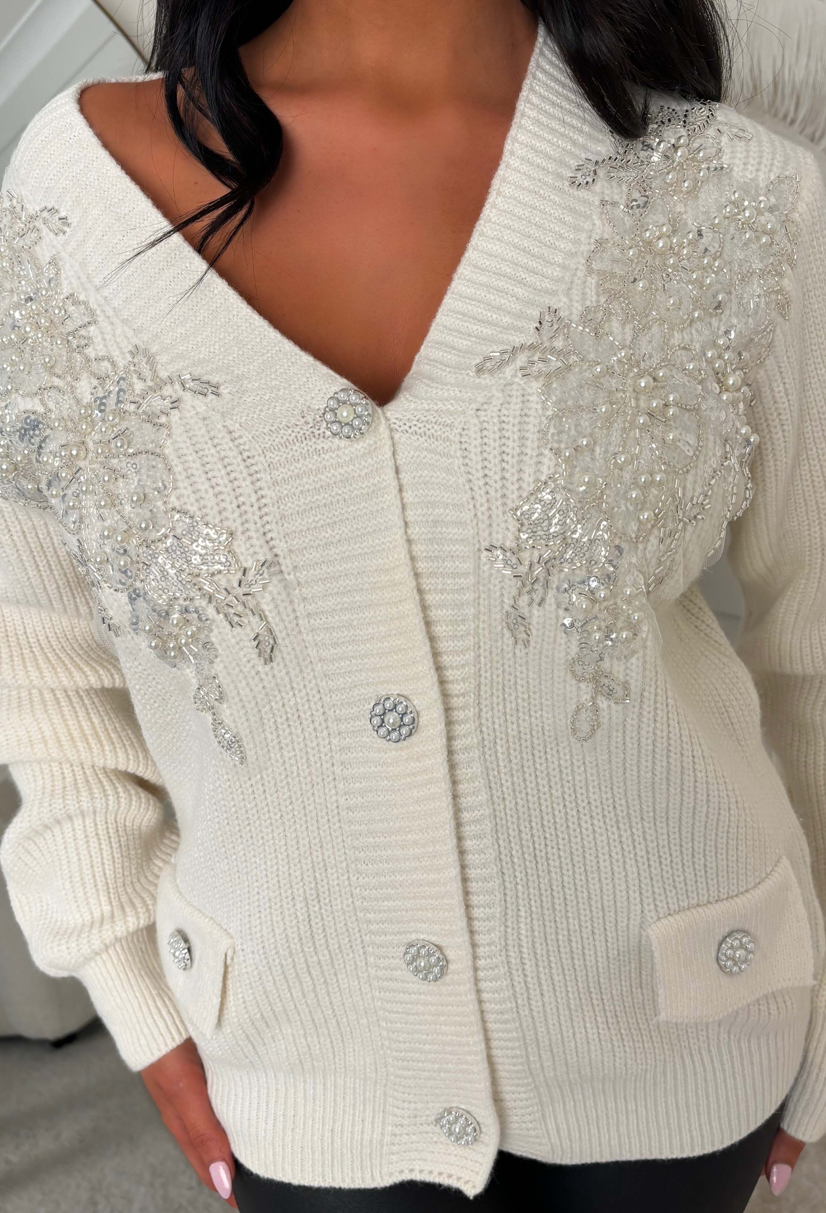 Chic Glamour Cream Embellished Knit Cardigan