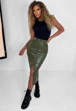 Timeless Chic Khaki Faux Leather Stretch Maxi Western Skirt