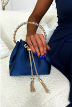 Elegant Charm Navy Satin Diamante Embellished Handle Bag