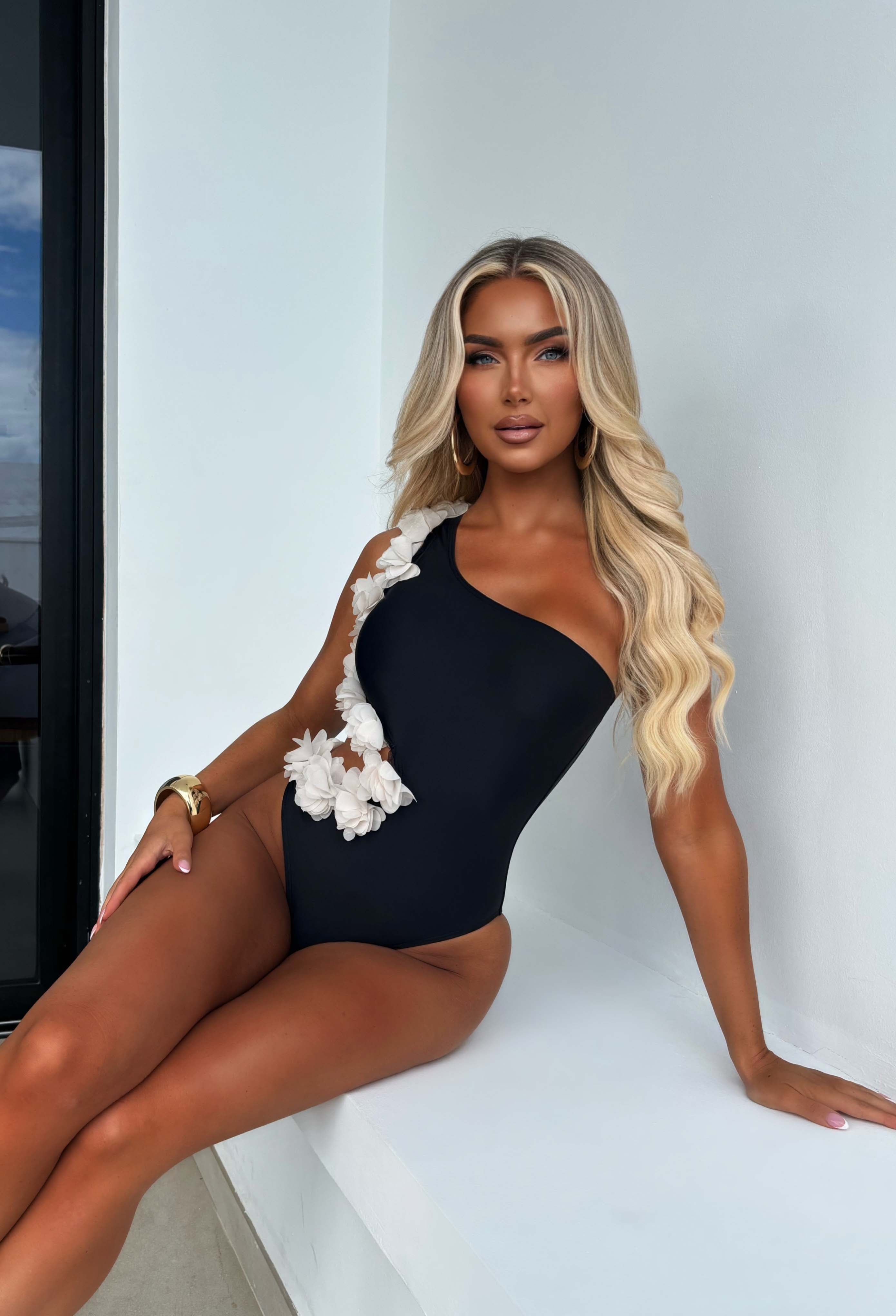 Black Ruffle Cut Out Swimsuit