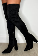 Breaking The Rules Black Stretch Suede Over The Knee Block Heel Boots