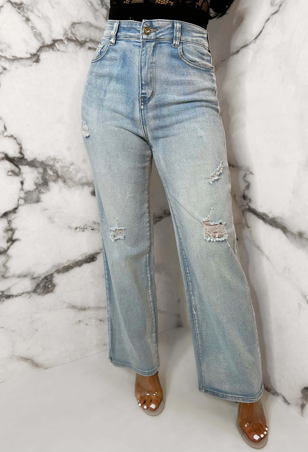 Tall Ombre Wash Distressed Detail Wide Leg Jeans