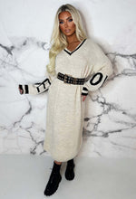 Trend Setter Chic Cream Love Contrast Stitch V-Neck Knitted Midi Dress
