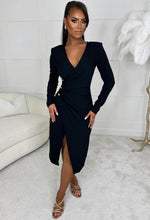 Designer Vibes Black Long Sleeve Button Detail Cinched Waist A-Line Dress