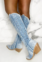 Western Glam Baby Blue Faux Suede Western Knee Cowboy Boots