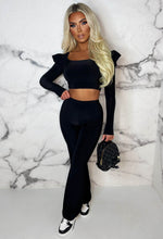 Blissful Babe Black Square Neck Long Ruffle Sleeve Double Layer Two Piece Loungewear Set
