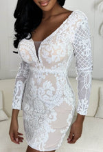 Always More Sparkle White Long Sleeve Nude Lined Plunge Backless Sequin Mini Dress