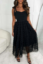 Dreamy Romantic Black Bow Strap Tulle Frilled Skirt Midi Dress