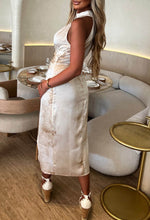 Luxury Moment Beige Satin Printed Ruched Halterneck Midi Dress