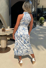 Luxury Moment Blue Satin Printed Ruched Halterneck Midi Dress