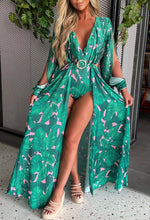 My Paradise Green Tropical Long Sleeve Bodysuit Split Leg Maxi Dress