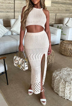 Cabana Crush Beige Crochet Knitted Halterneck Maxi Skirt Co-Ord Set