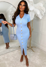 Button Up Babe Blue Button Front Short Sleeve Ribbed Knitted Midi Dress
