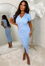 Button Up Babe Blue Button Front Short Sleeve Ribbed Knitted Midi Dress