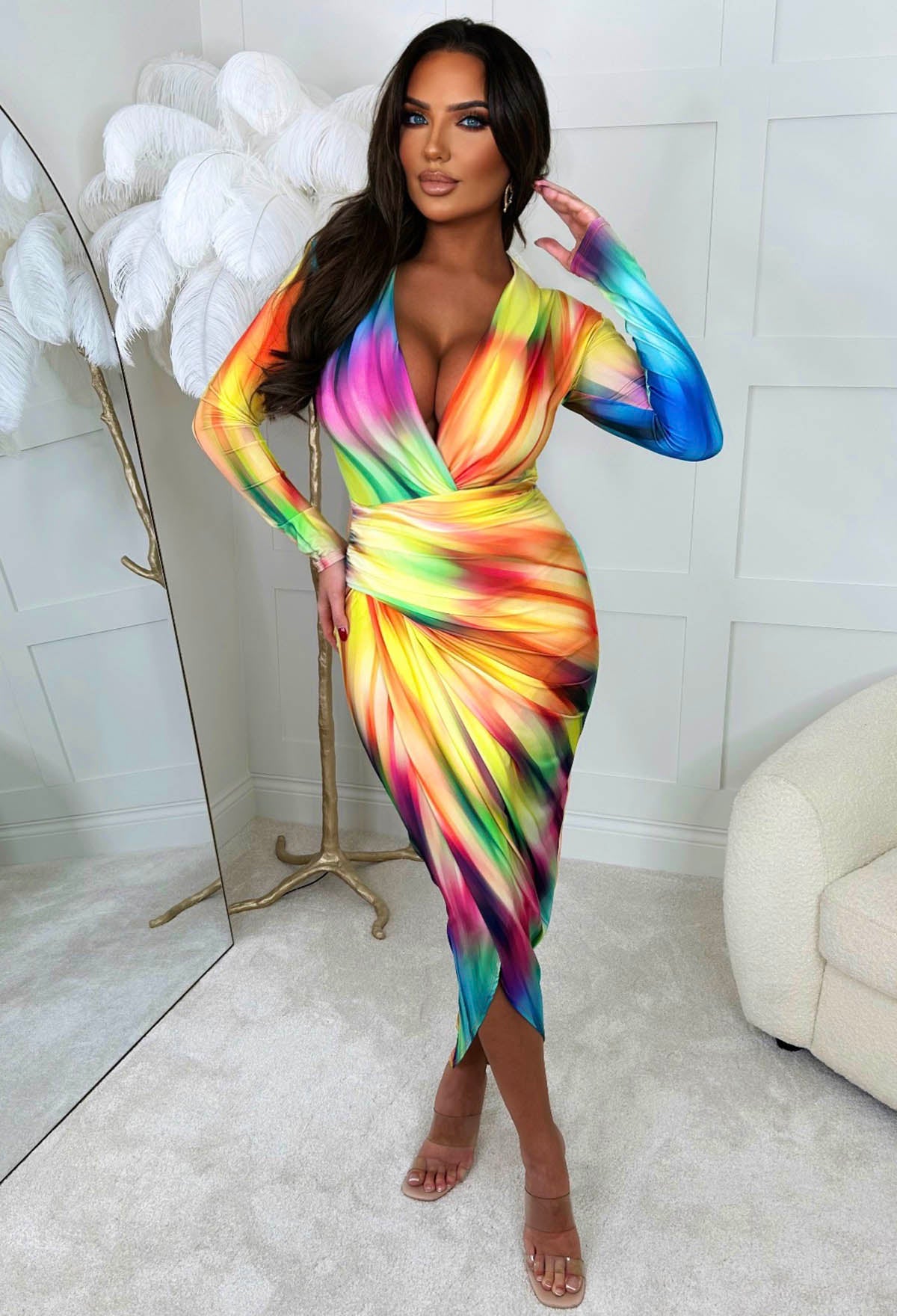 Chasing Rainbows Shoulder Padded Long Sleeve Ruched Midi Dress