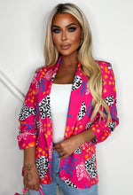 Aspects Of Love Hot Pink Shawl Neck Ruched Sleeve Printed Blazer