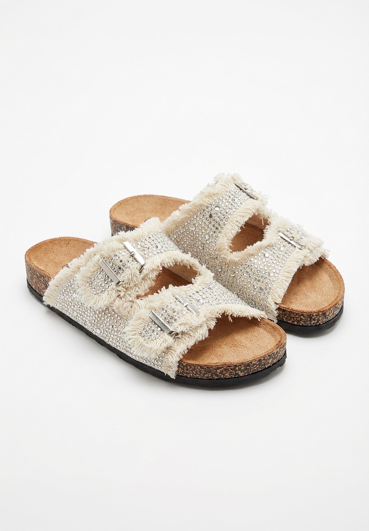 Frayed Forever Beige Embellished Sliders
