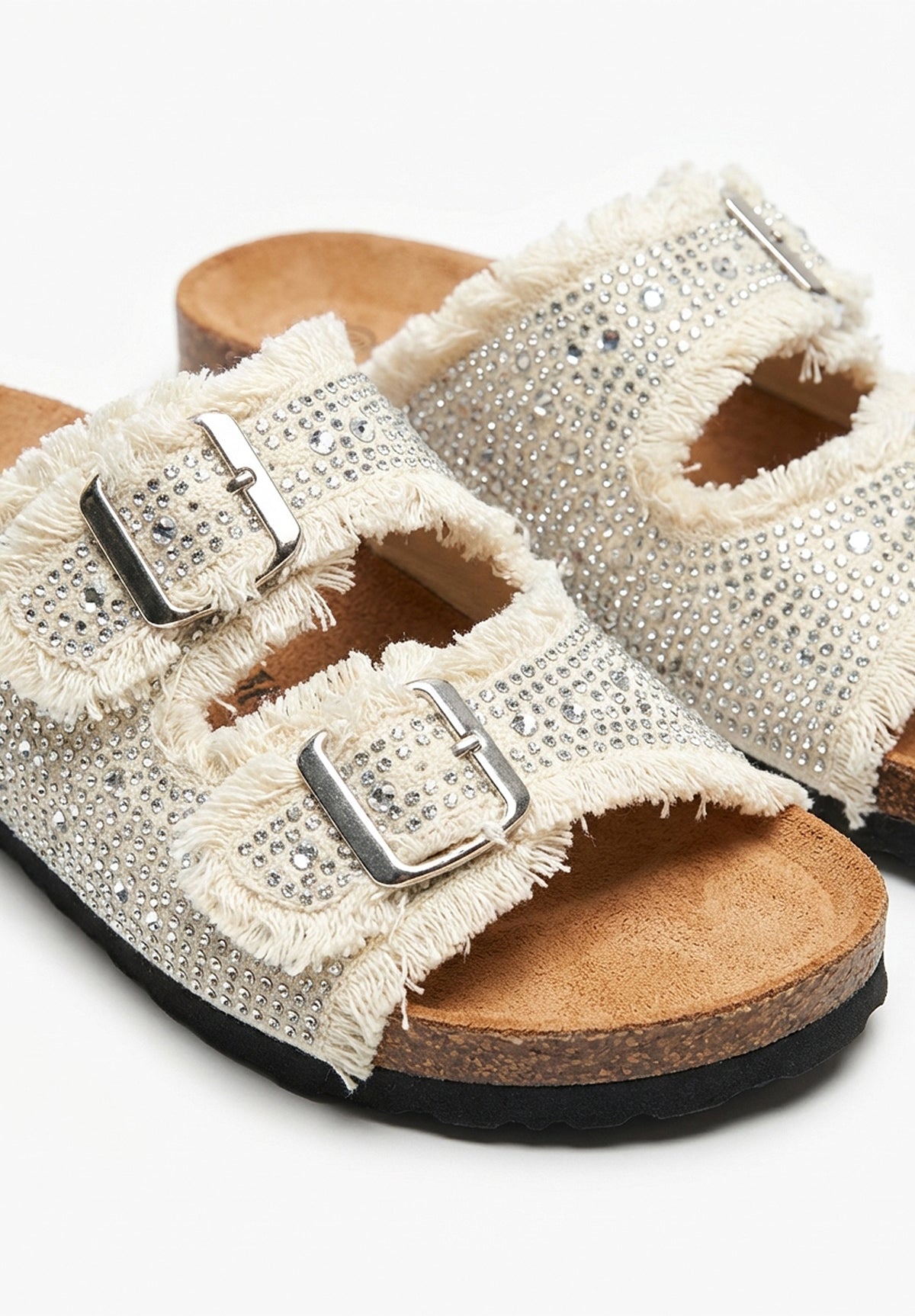 Frayed Forever Beige Embellished Sliders