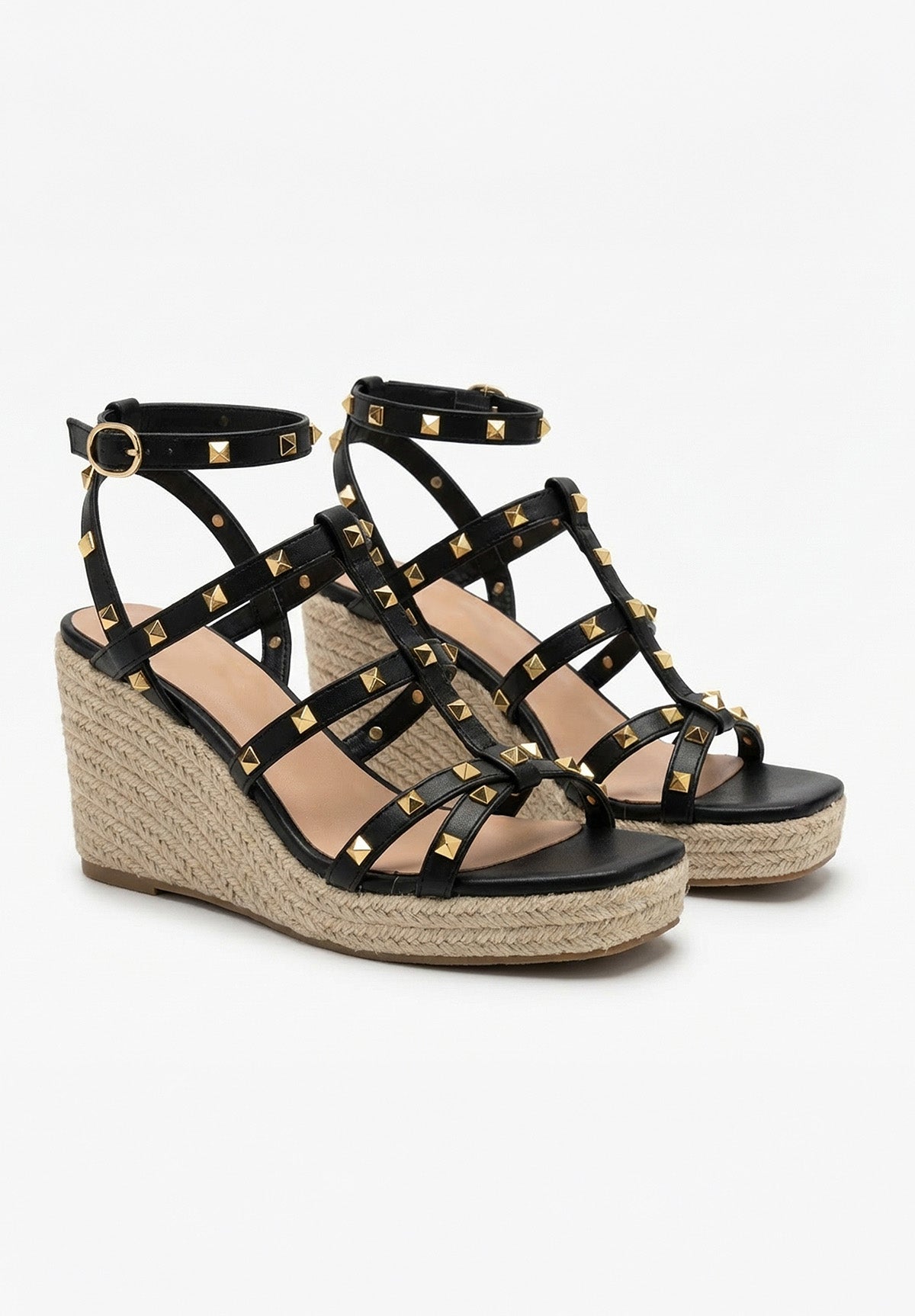 Island Escape Black Raffia Studded Wedges