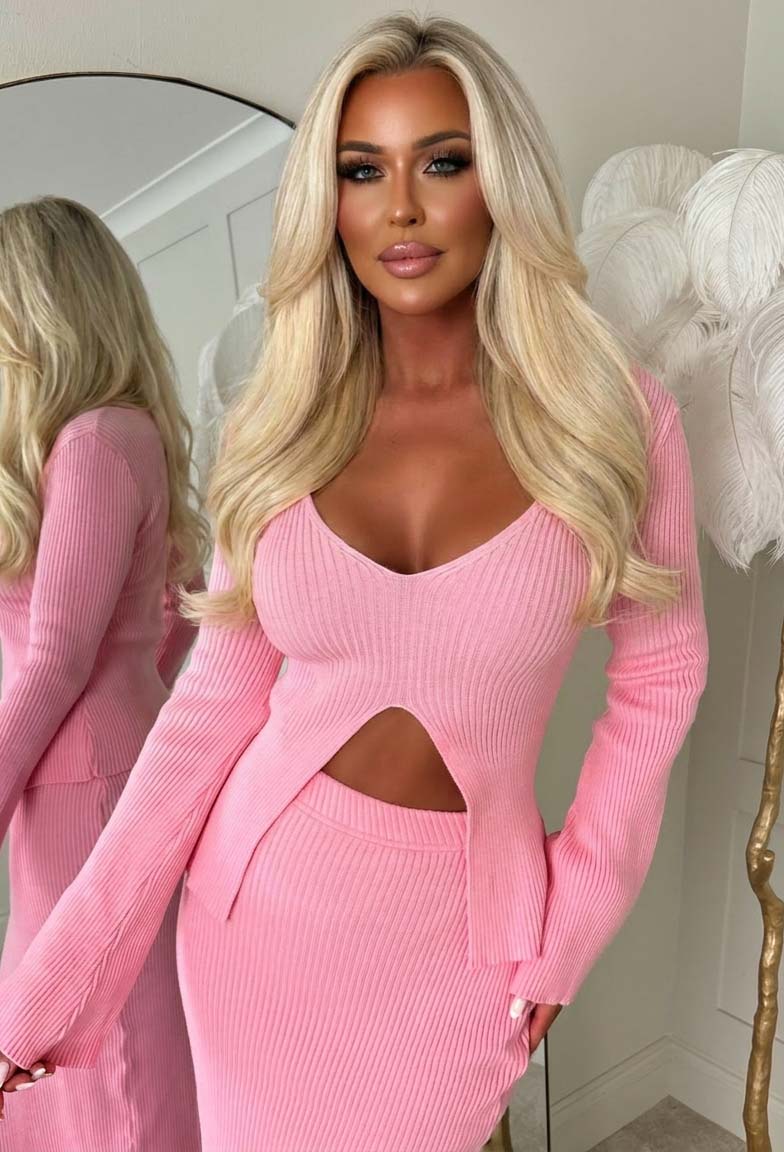 Moving On Light Pink Knitted Rib Split Front Top