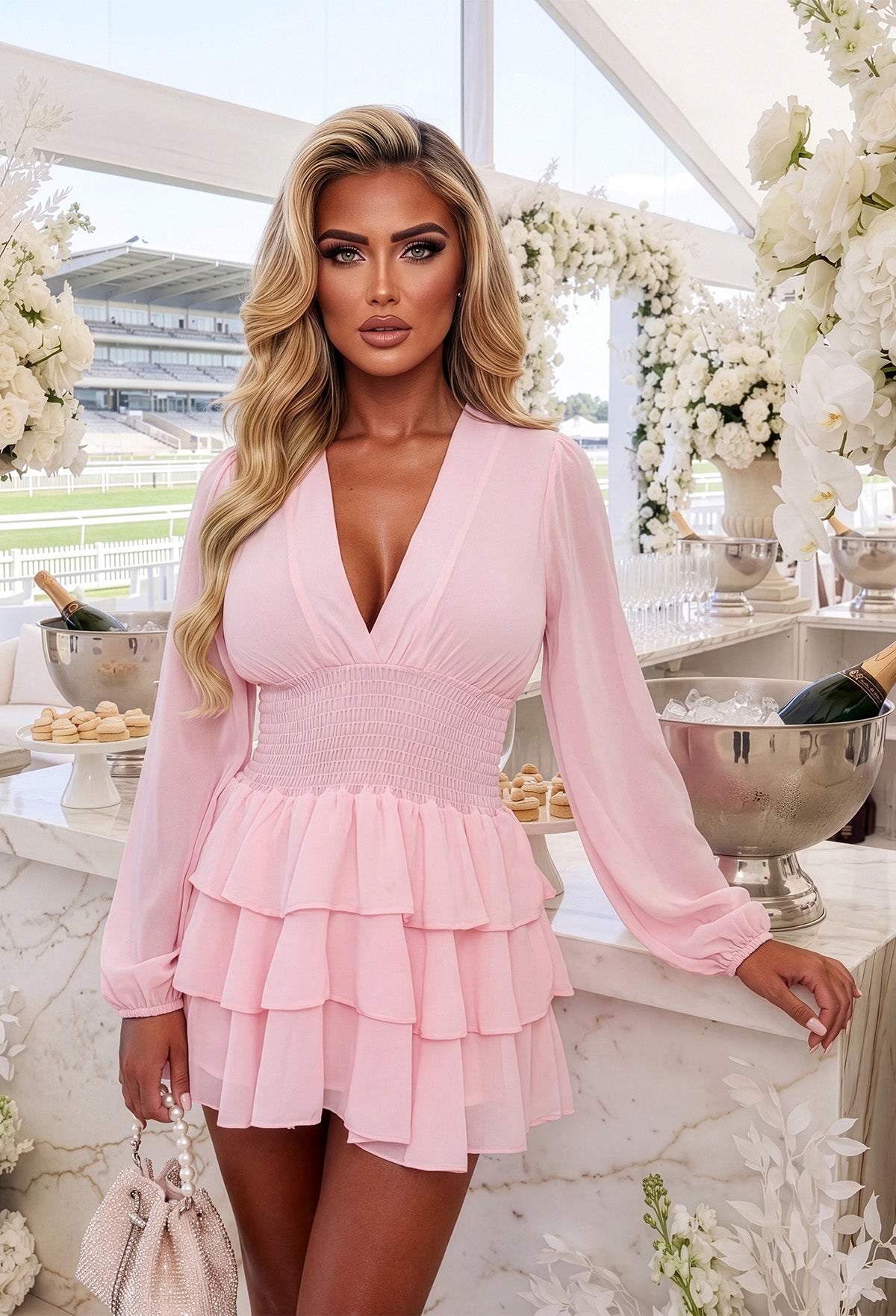 Eternal Grace Pink Long Sleeve Ruffle Mini Dress