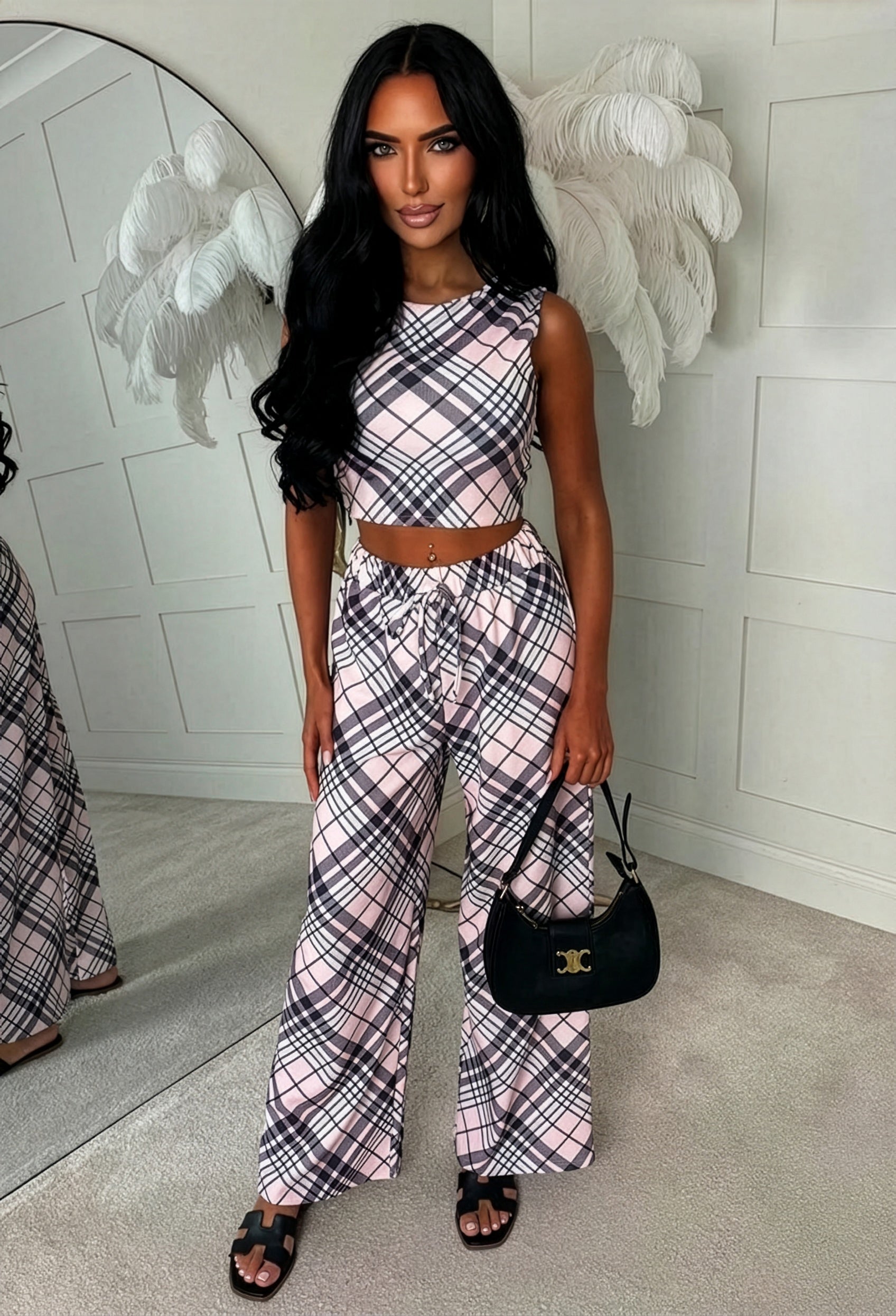 Light Pink Check Print Top & Trouser Co-Ord Set | Pink Boutique