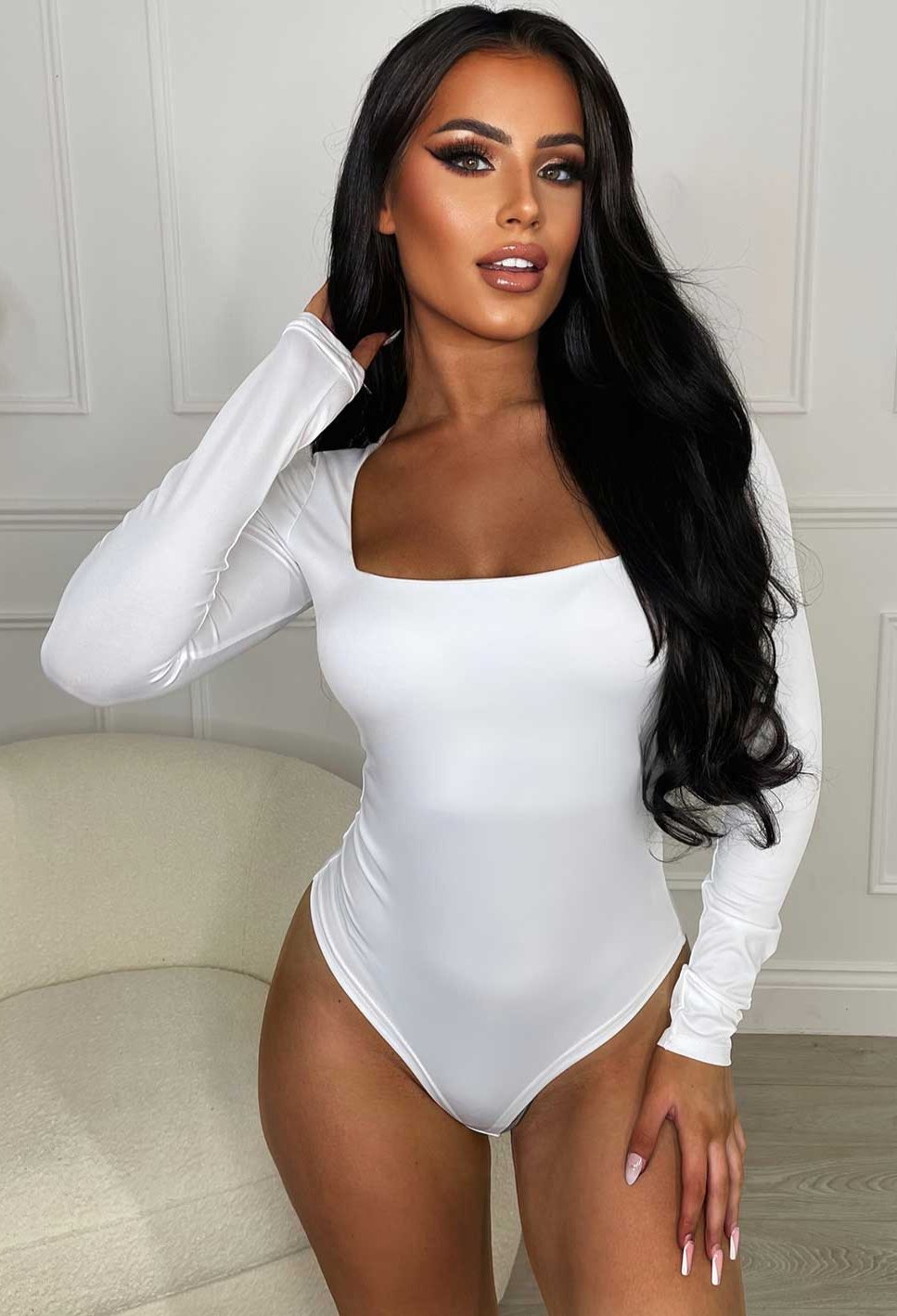 By Swan Girl Like Me White Square Neck Long Sleeve Bodysuit