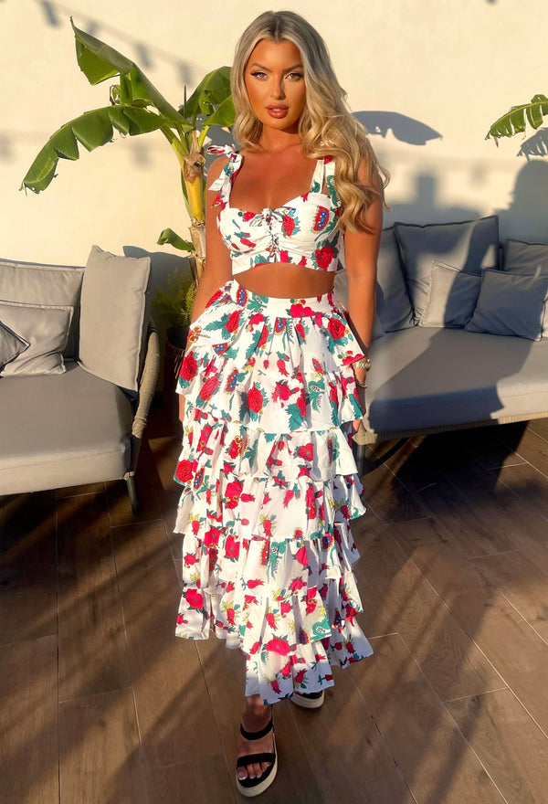 Hola Senorita White Frilled Maxi Skirt CoOrd Pink Boutique Pink