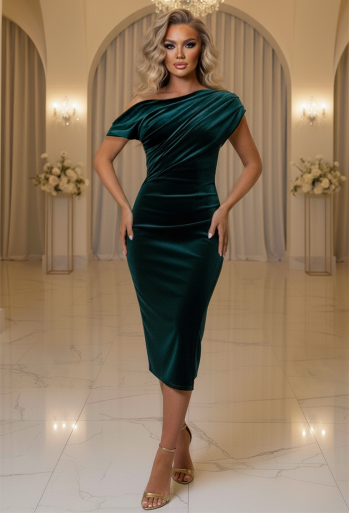 Stunning Sister Green Off The Shoulder Ruched Velvet Midi Dress