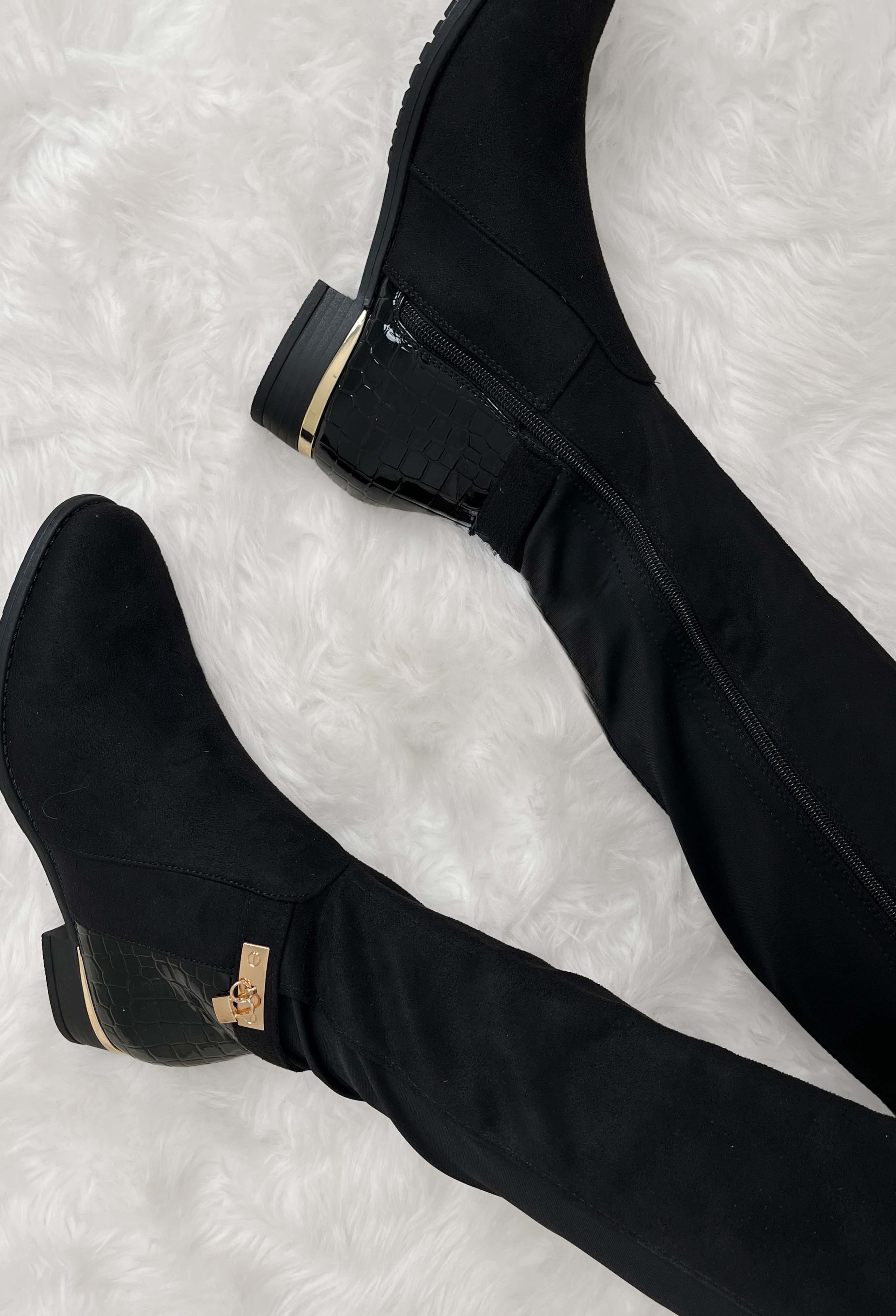 Riding High Black Faux Croc & Jersey Knee High Riding Boot