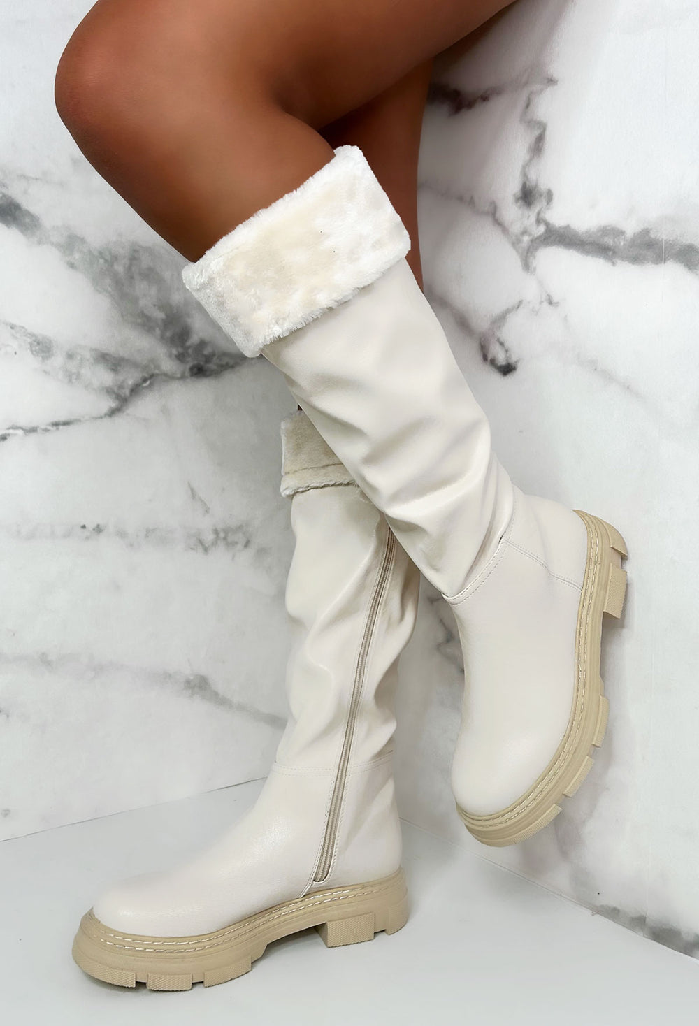 Bringing The Style Cream Faux Fur Trim Knee Boots | Pink Boutique ...