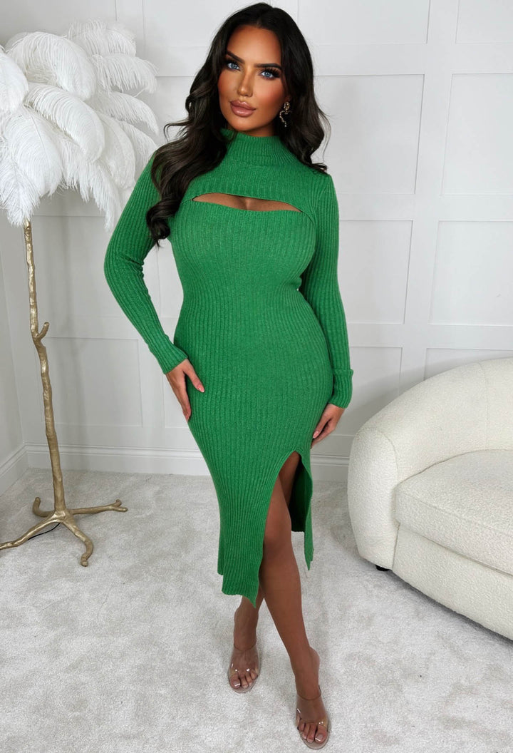 Cut Him Off Grey Cut Out Ribbed Knitted Midi Dress Pink Boutique