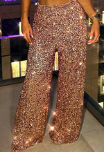 Shimmering Chic Rose Gold Stretch Sequin Flared Trousers