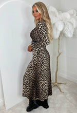 Lady In Leopard Brown Animal Print Long Sleeve Stretch Midi Dress