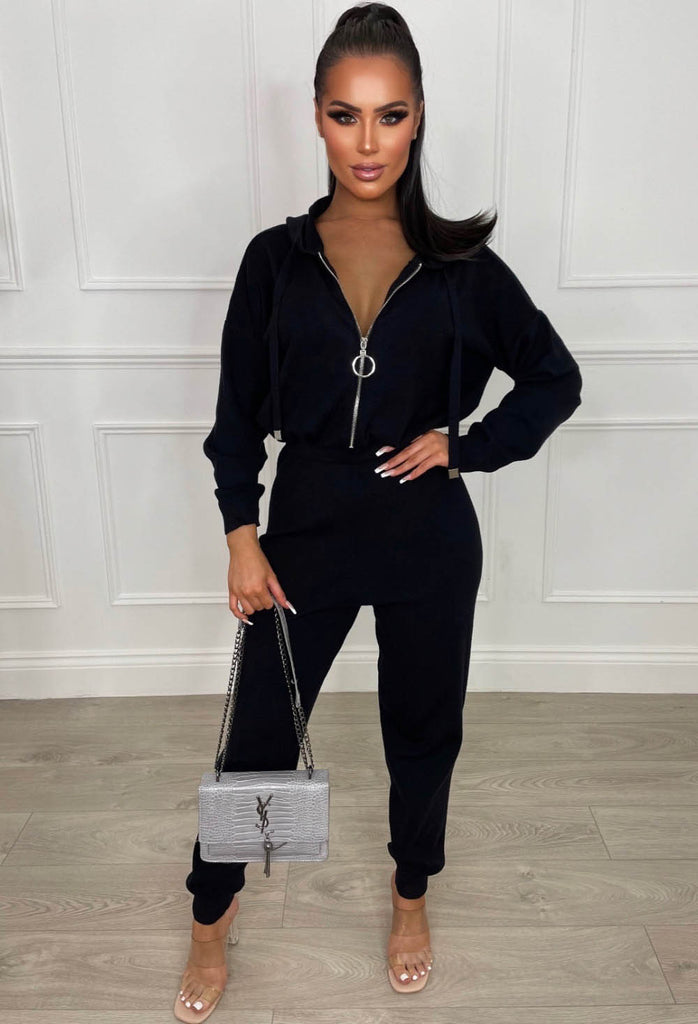 Jump Into Luxe Black Knitted Hooded Zip Through Jumpsuit | Pink ...