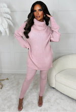 Roll Into Love Pink Chunky Ribbed Roll Neck Knitted Loungewear Co Ord Set