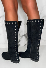 Sweet Glamour Black Gold Stud Faux Suede Knee High Boots