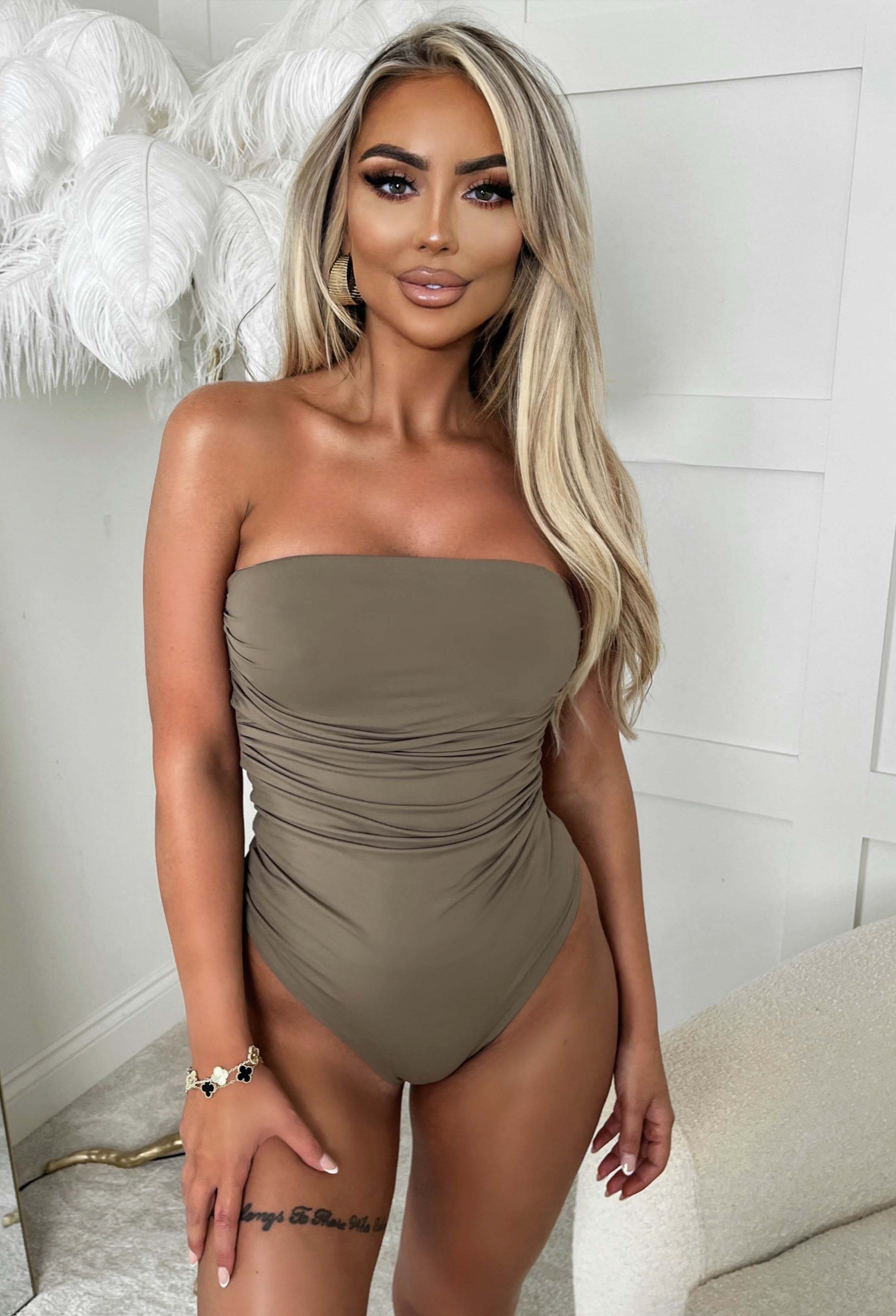 Your Girl Mocha Bandeau Stretch Ruched Bodysuit