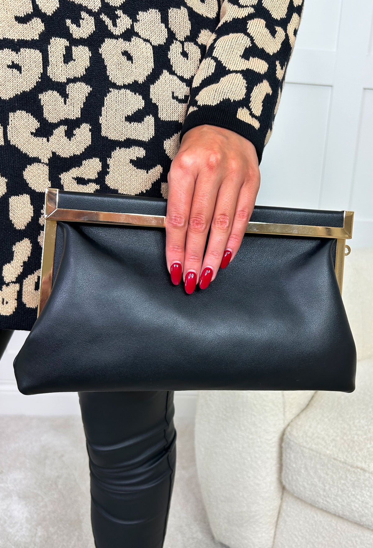 Couture Lifestyle Black Metal Trim Faux Leather Clutch With Chain Strap