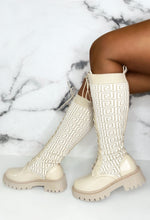 Quite Obsessed Cream Knitted Geometric Ankle Knee Boots