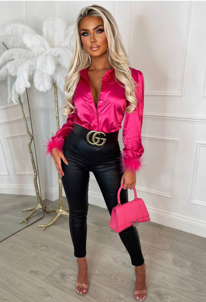 She's Got It All Hot Pink Satin Feather Trim Shirt | Pink Boutique ...