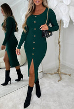 Take My Heart Green Gold Heart Button Long Sleeve Knitted Midi Dress