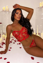 Romance And Roses Red Rose Embellished Corset And Thong Lingerie Set