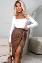 Boutique Attire Camel Faux Leather Wrap Over Midi Skirt