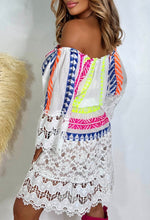 Beauty In Boho White Neon Embroidered Bardot Crochet Mini Dress
