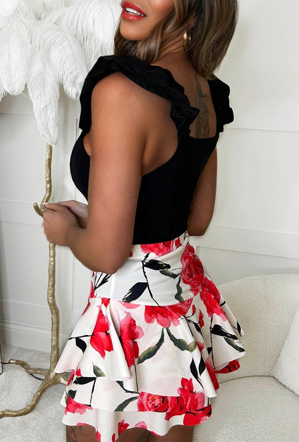 Gift Of A Rose Red Double Layer Printed Skort