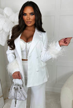 Feather Fantasy White Feather Cuff Double Breasted Blazer